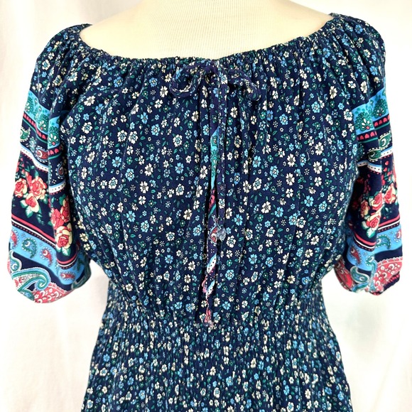 KINDRED Navy Floral Peasant Dress Smocked Ruffle Bohemian Womens Plus 2x Prairie - Picture 2 of 8